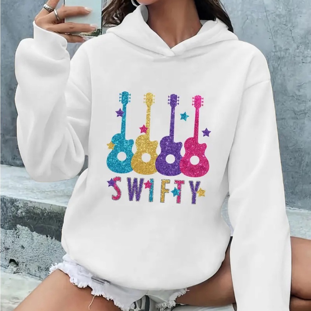 Taylor Swift -  White Women's Hoodie with Colorful Guitar Print